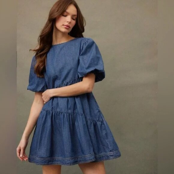 Aaron & Amber Dresses & Skirts - EUC Aaron & Amber Denim Tiered Mini Puff-Sleeve Dress